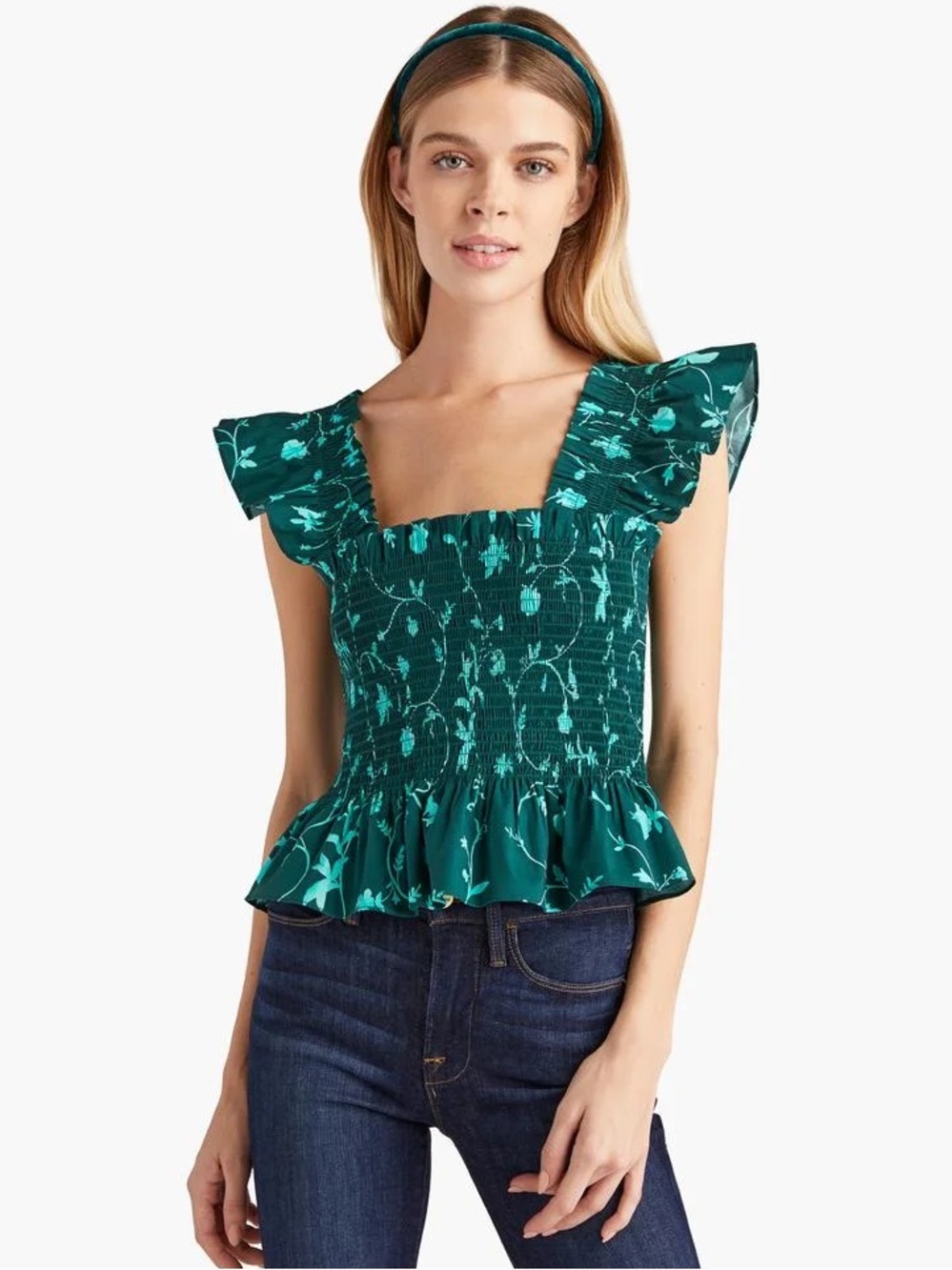 NWOT Hill House The Paz Emerald Floral Smocked Peplum Top - Picture 1 of 6